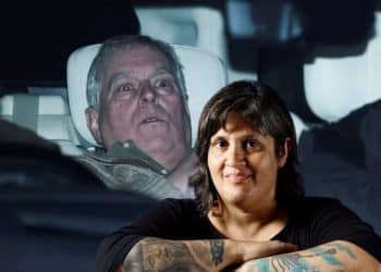 Composite image showing artist Dolly Sen in front of press photo of Andrew Windsor in police 4x4.