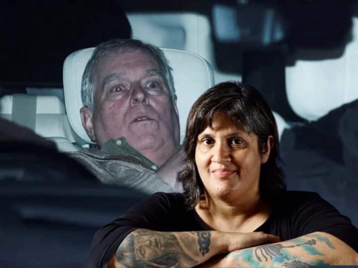Composite image showing artist Dolly Sen in front of press photo of Andrew Windsor in police 4x4.