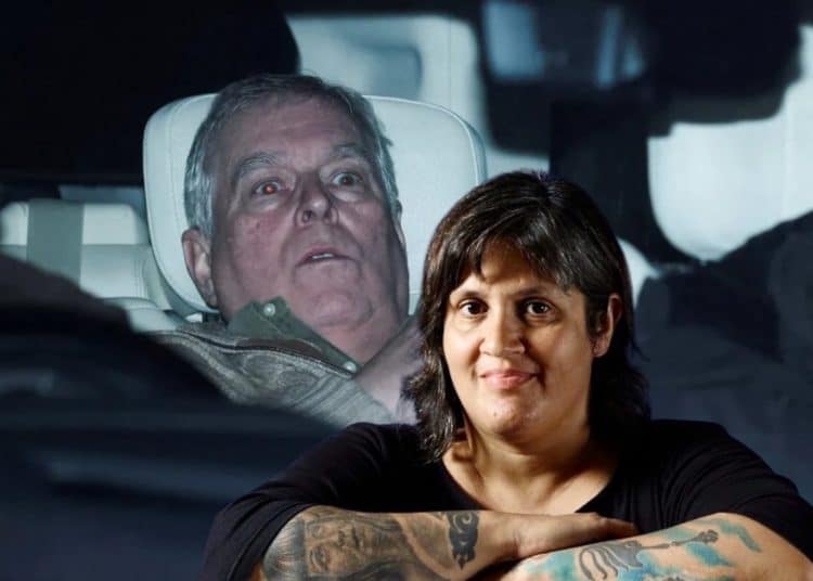 Composite image showing artist Dolly Sen in front of press photo of Andrew Windsor in police 4x4.