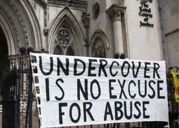 Banner outside Spycops Inquiry saying Undercover Is No Excuse For Abuse