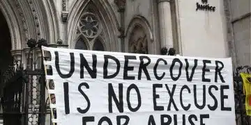 Banner outside Spycops Inquiry saying Undercover Is No Excuse For Abuse