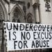Banner outside Spycops Inquiry saying Undercover Is No Excuse For Abuse