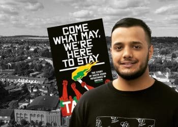 Composite image showing author Taj Ali with book Come what may, we’re here to stay: The story of South Asian resistance in Britain over a b/w aerial photo of Luton