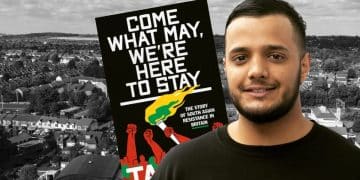 Composite image showing author Taj Ali with book Come what may, we’re here to stay: The story of South Asian resistance in Britain over a b/w aerial photo of Luton