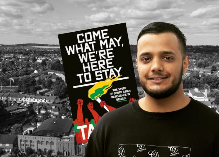Composite image showing author Taj Ali with book Come what may, we’re here to stay: The story of South Asian resistance in Britain over a b/w aerial photo of Luton
