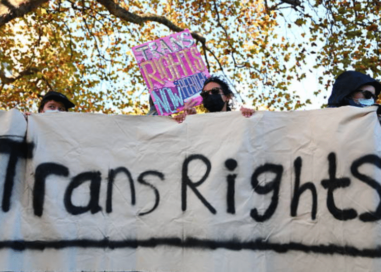 Trans rights activists hold placard