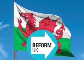 Cymru flag and Reform logo