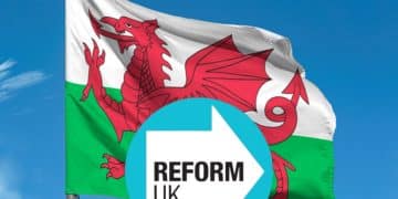 Cymru flag and Reform logo