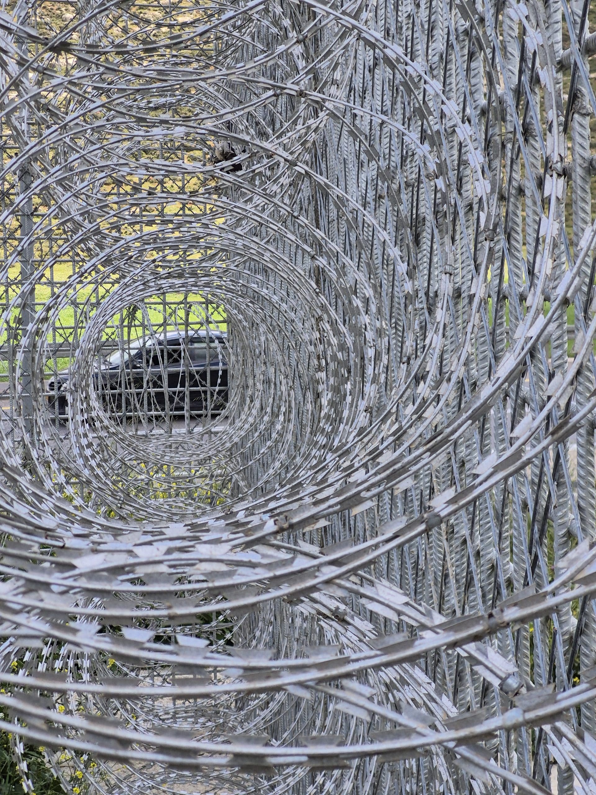 A close up of the cylindrical razor wire
