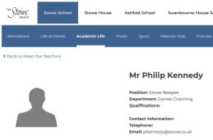 An image from Stowe School website. It is the listing for Philip Kennedy who works in the games department