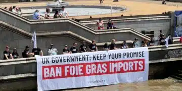 Campaigners display a banner reading UK Government Keep Your Promise Ban Foie Gras Imports