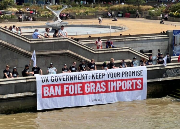 Campaigners display a banner reading UK Government Keep Your Promise Ban Foie Gras Imports