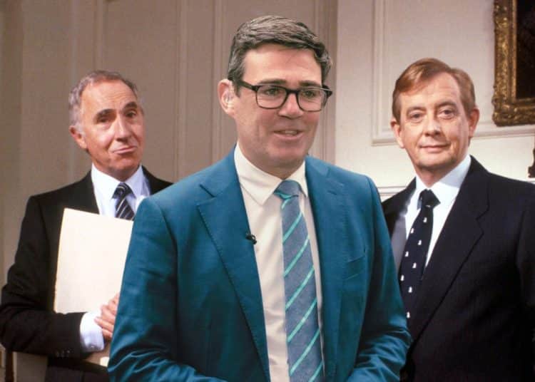 Composite image showing Andy 'King of the North' Burnham with Sir Humphrey Appleby and Bernard Woolley from 'Yes Prime Minister'