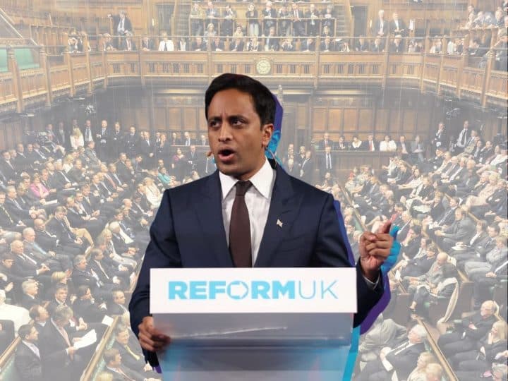 Zia Yusuf at a Reform-branded podium speaking with an image of a packed House of Commons behind him