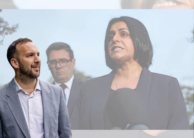 Zack Polanski of the Green Party and Andy Burnham and Shabana Mahmood of the Labour Party