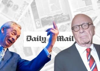 Nigel Farage of Reform uK, Rupert Murdoch, and the Daily Mail logo