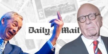 Nigel Farage of Reform uK, Rupert Murdoch, and the Daily Mail logo