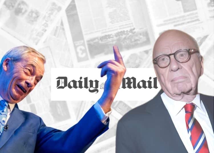 Nigel Farage of Reform uK, Rupert Murdoch, and the Daily Mail logo