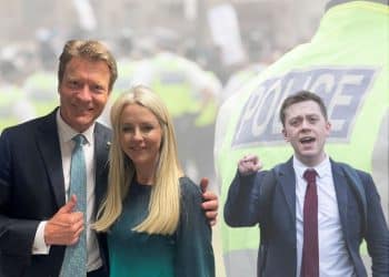 Richard Tice and Isabel Oakeshott of Reform UK and Owen Jones and also police officers