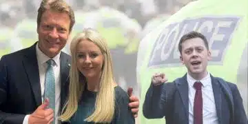 Richard Tice and Isabel Oakeshott of Reform UK and Owen Jones and also police officers