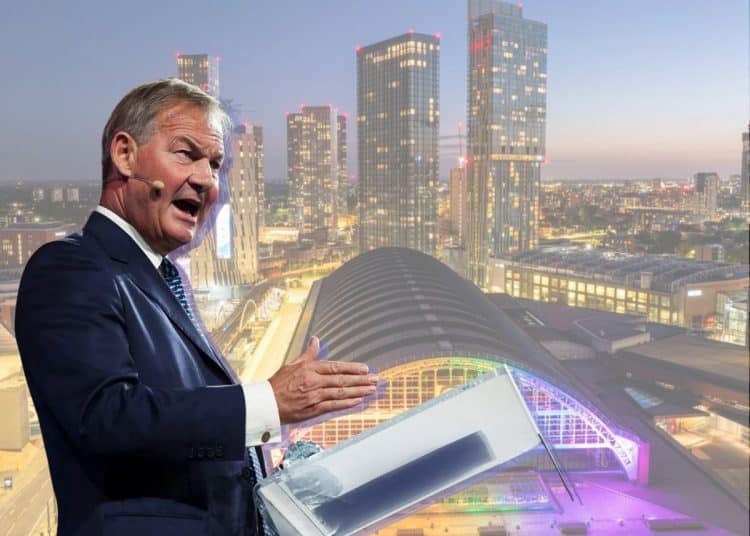 Rupert Lowe of Restore Britain and a scene of Manchester city centrescape with vibrant infrastructure in the background