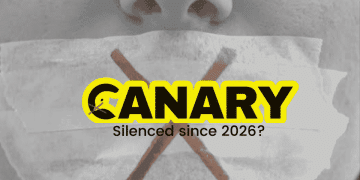 Starmer An image of someone gagged with tape in the background. It has a big red cross on it. In the foreground is the Canary logo, but the Canary on the left hand side has a red cross over it's beak. Underneath the logo it says 'Silenced since 2026?' in black