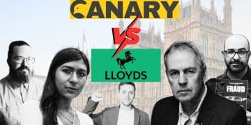 The Canary logo, the Lloyds bank logo, and various UK journalists