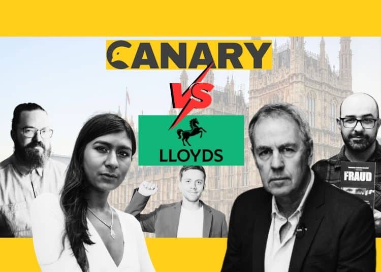 The Canary logo, the Lloyds bank logo, and various UK journalists