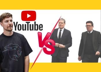 Mr Beast, the YouTube logo, and Keir Starmer and Andy Burnham of the UK government