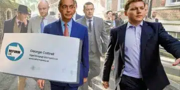 Nigel Farage and George Cottrell and a Reform UK business card