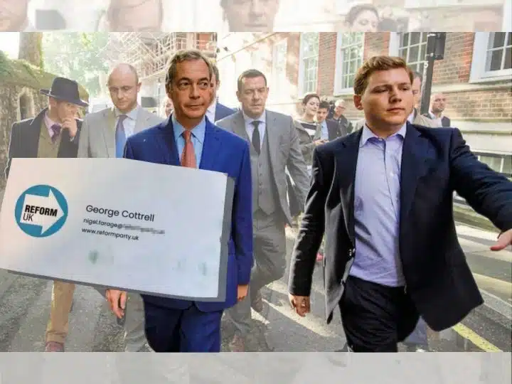 Nigel Farage and George Cottrell and a Reform UK business card