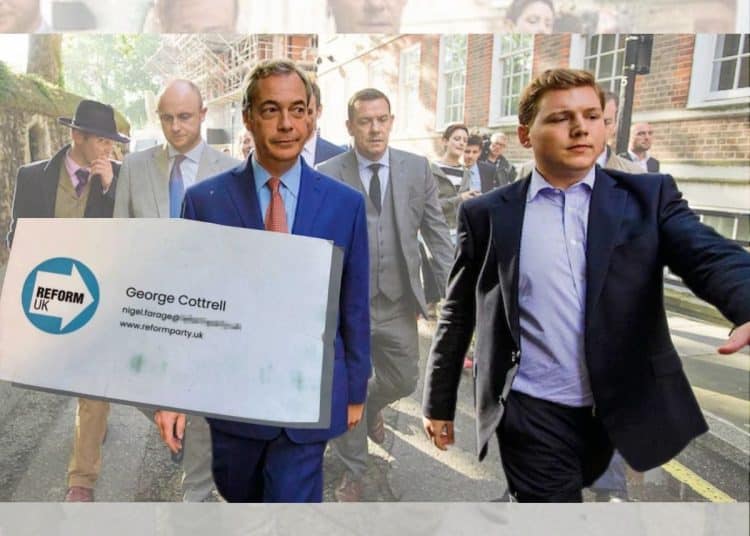 Nigel Farage and George Cottrell and a Reform UK business card