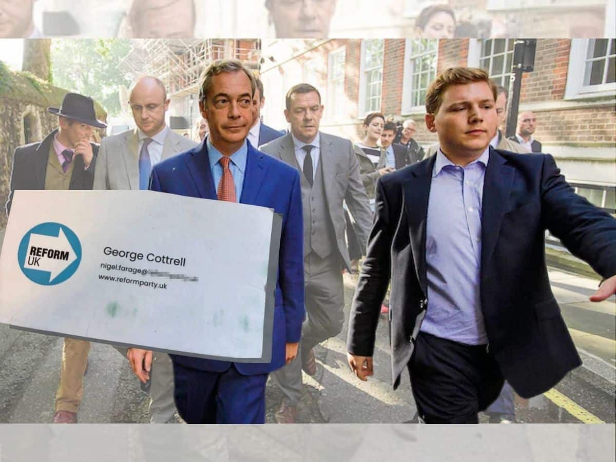 Nigel Farage and George Cottrell and a Reform UK business card