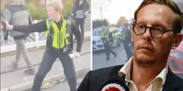 Laurence Fox in front of images of the police involved in a disturbance