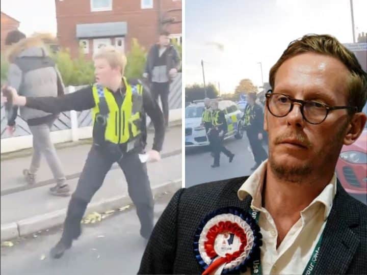 Laurence Fox in front of images of the police involved in a disturbance