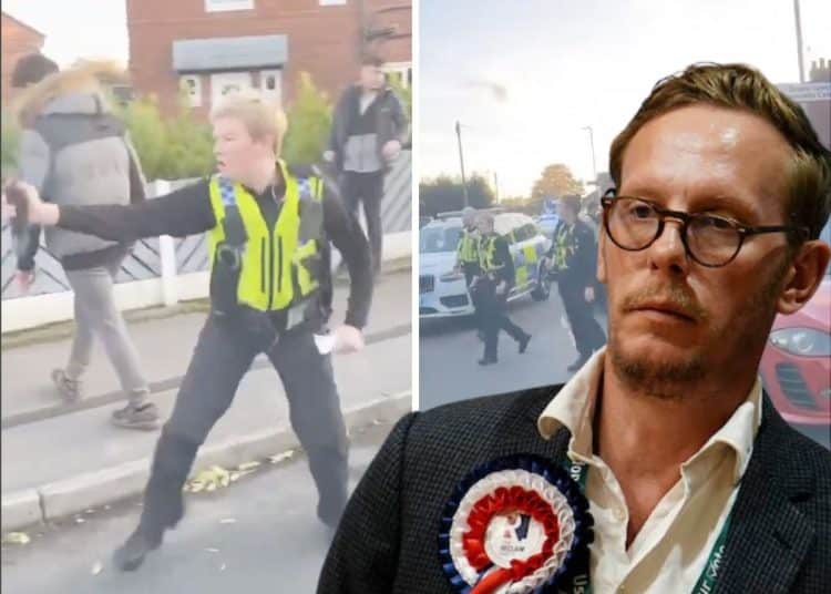 Laurence Fox in front of images of the police involved in a disturbance