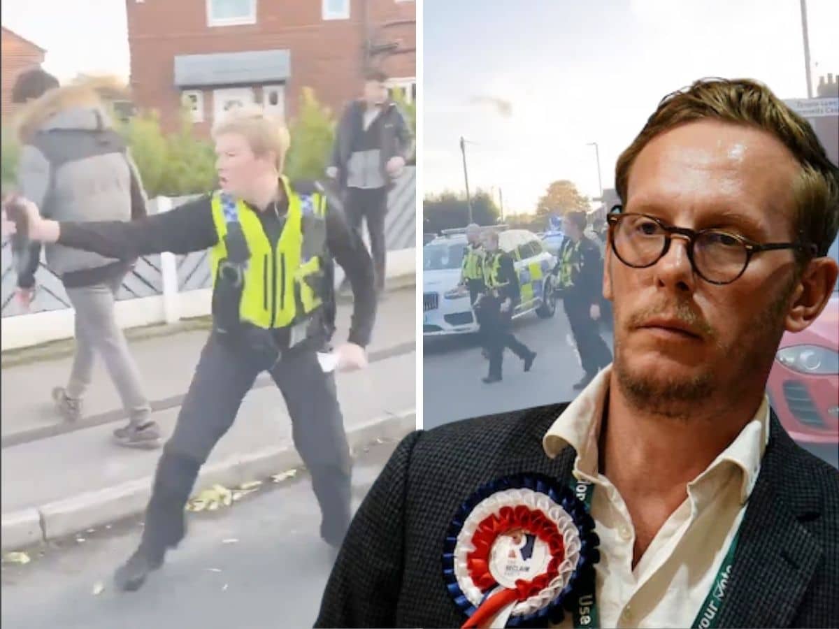 Laurence Fox in front of images of the police involved in a disturbance