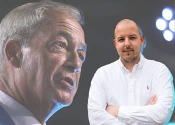 Two separate images of Nigel Farage (left) and George Madgwick, of Reform UK, with his hands folded in a shirt, looking professional