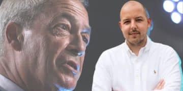 Two separate images of Nigel Farage (left) and George Madgwick, of Reform UK, with his hands folded in a shirt, looking professional