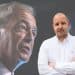 Two separate images of Nigel Farage (left) and George Madgwick, of Reform UK, with his hands folded in a shirt, looking professional