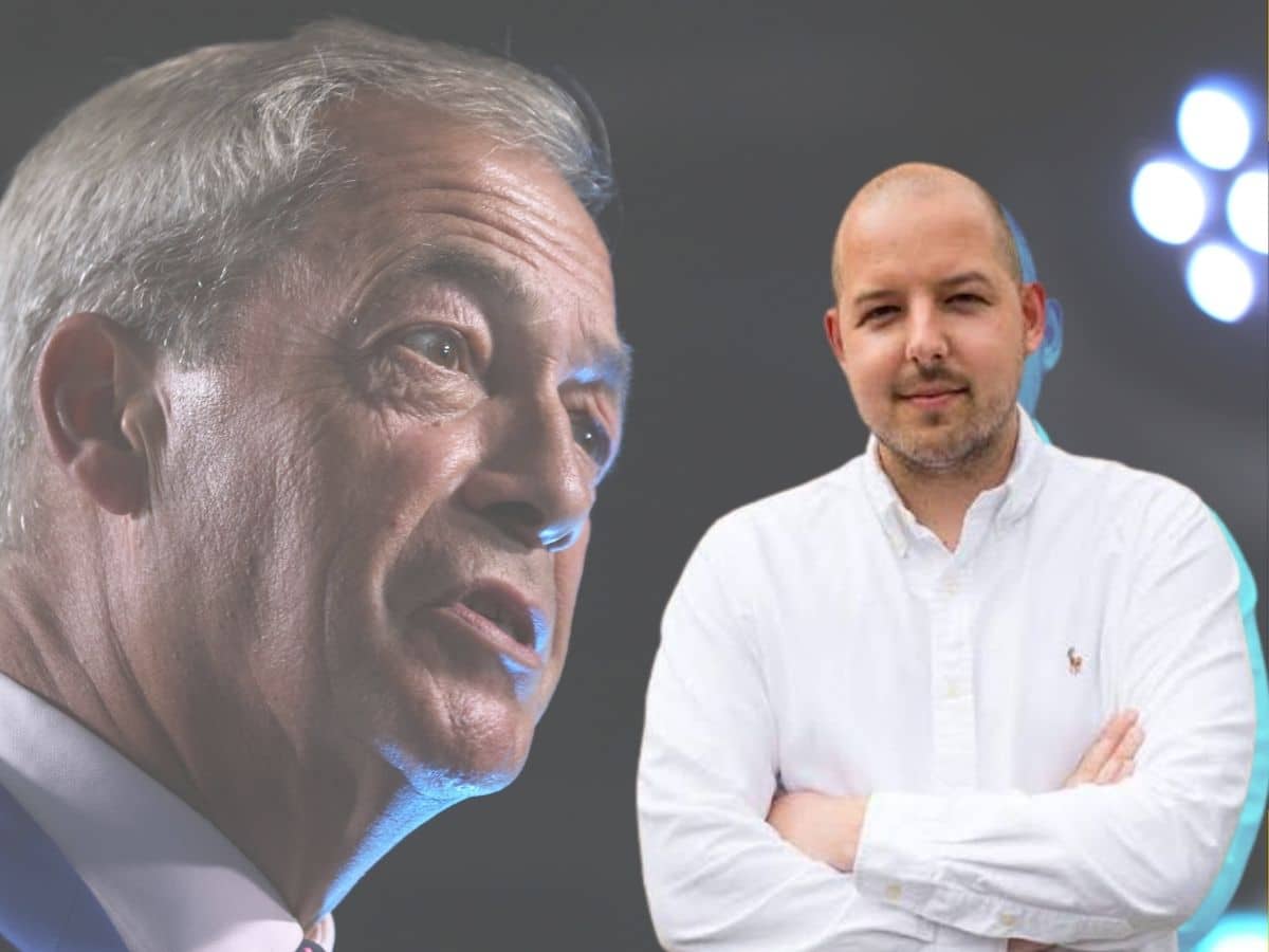 Two separate images of Nigel Farage (left) and George Madgwick, of Reform UK, with his hands folded in a shirt, looking professional