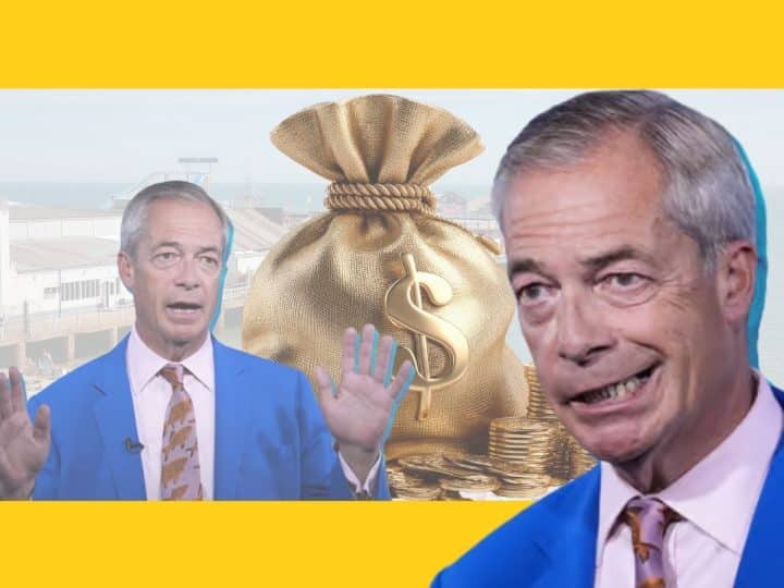 Images of Nigel Farage and a large money bag