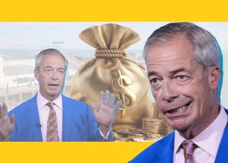 Images of Nigel Farage and a large money bag