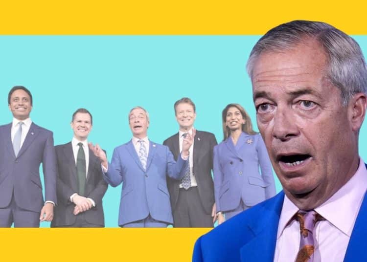 Nigel Farage and other Reform UK MPs and politicians in a collage