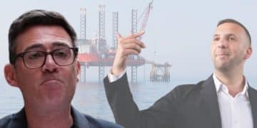 Andy Burnham of Labour, Zack Polanski of Green Party, and a North Sea oil rig