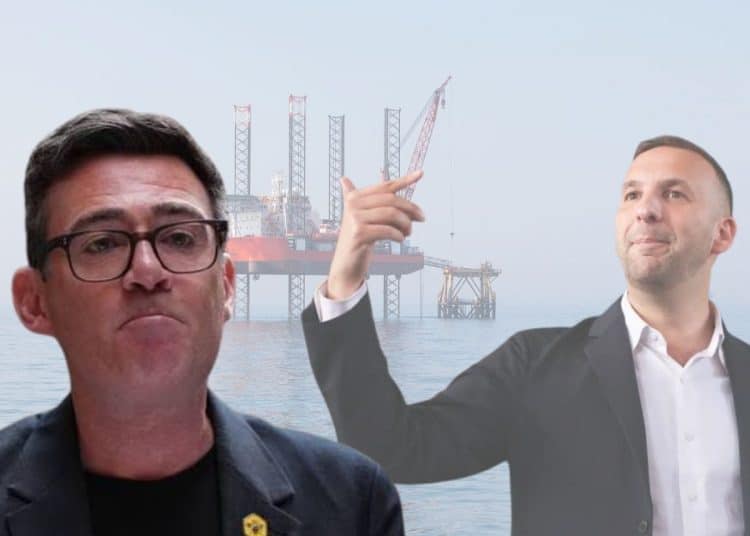 Andy Burnham of Labour, Zack Polanski of Green Party, and a North Sea oil rig