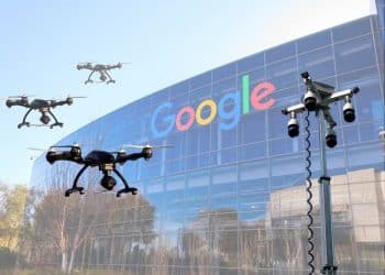 Google headquarters, drones, and a cctv surveillance tower