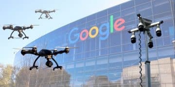 Google headquarters, drones, and a cctv surveillance tower