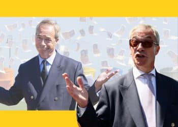 Images of Nigel Farage and falling money