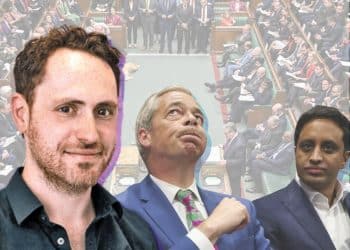 Hugo Rifkind of the Times, and Nigel Farage and Zia Yusuf of Reform UK